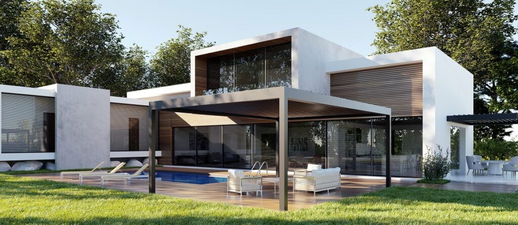 Moderní hliníková bioklimatická pergola s otevřenými lamelami na terase domu od NOKOV